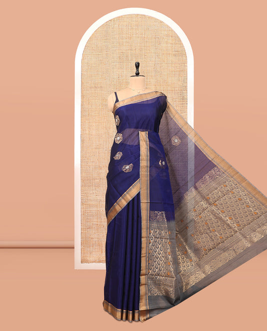 Blue Silk Cotton Saree, Beautifully Bedecked with Hexogon Zari Buttas, a Contrast Zari Border, Intricate Pallu, and a Contrast Blouse