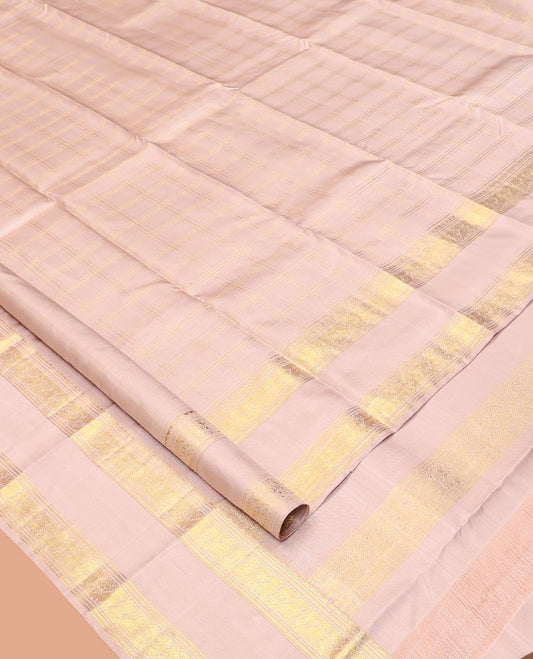 Baby Pink Kanchipuram Silk Saree, Crafted with Zari Checks, Highlighted by Zari Rettai Pettu Border, Zari Buttas Pallu, and Matching Blouse