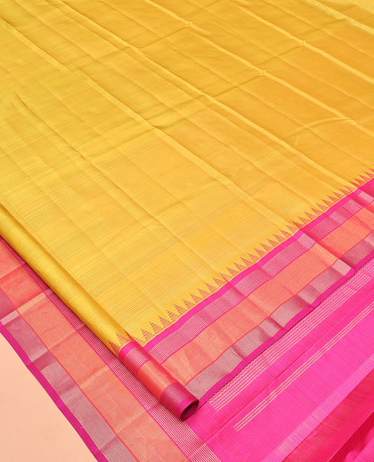 Yellow-Striped Bangalore Silk Saree, Complemented by a Contrast Temple Ganga-Jamuna Border, Pallu of Temple and Neli Designs, and a Contrast Blouse