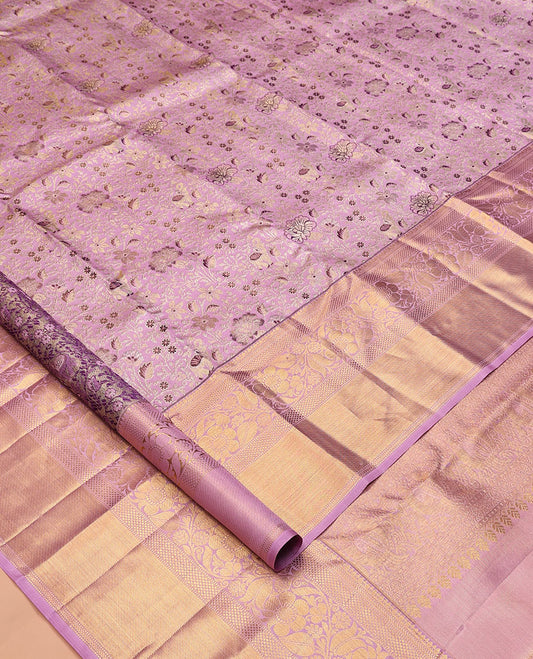 Pink Kanchipuram Tissue Silk Saree, Artfully Detailed with Floral Jacquard, Zari Border of Muthu, Kathir, Kuyil Kann, Mayil Kann, and Kodi Visiry Designs, Grand Pallu, and Matching Blouse