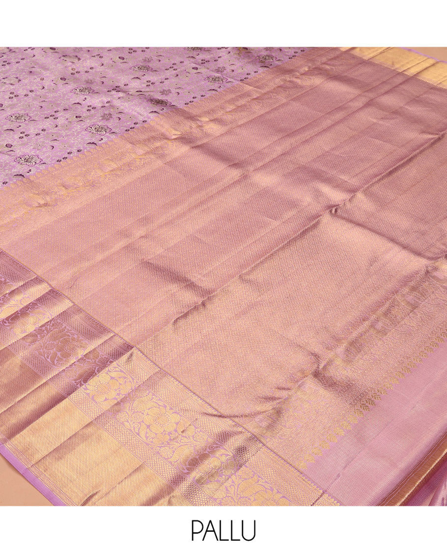 Pink Kanchipuram Tissue Silk Saree, Artfully Detailed with Floral Jacquard, Zari Border of Muthu, Kathir, Kuyil Kann, Mayil Kann, and Kodi Visiry Designs, Grand Pallu, and Matching Blouse