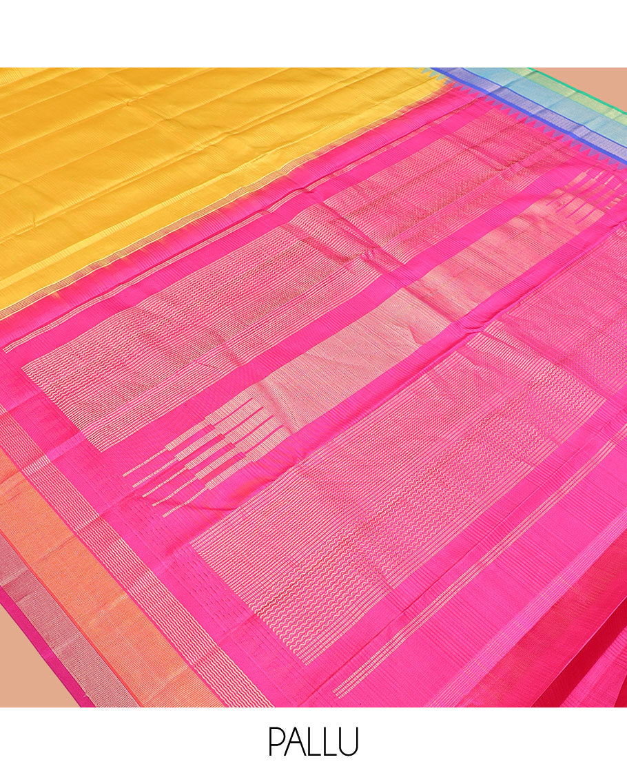 Yellow-Striped Bangalore Silk Saree, Complemented by a Contrast Temple Ganga-Jamuna Border, Pallu of Temple and Neli Designs, and a Contrast Blouse