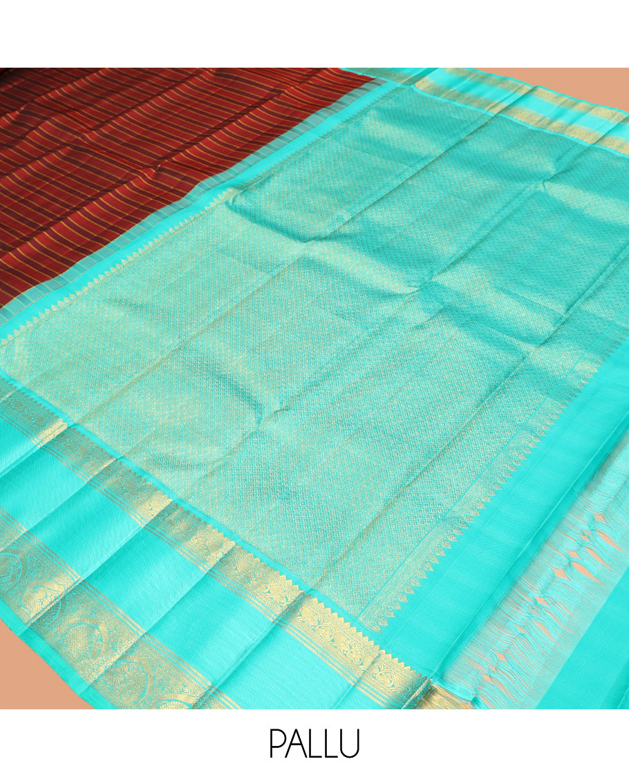 Brown Striped Kanchipuram Silk Saree, Complemented by a Contrast Border of Rekku, Muthu, Neli, Mayil, and Arumbu Manga Designs, Grand Pallu, and a Contrast Blouse