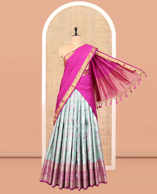 Blue Art Silk Material Half Saree, Majestically Detailed with Jacquard Skirt, a Contrast Meenakari Zari Border, Contrast Blouse, and an Intricate Dhavani