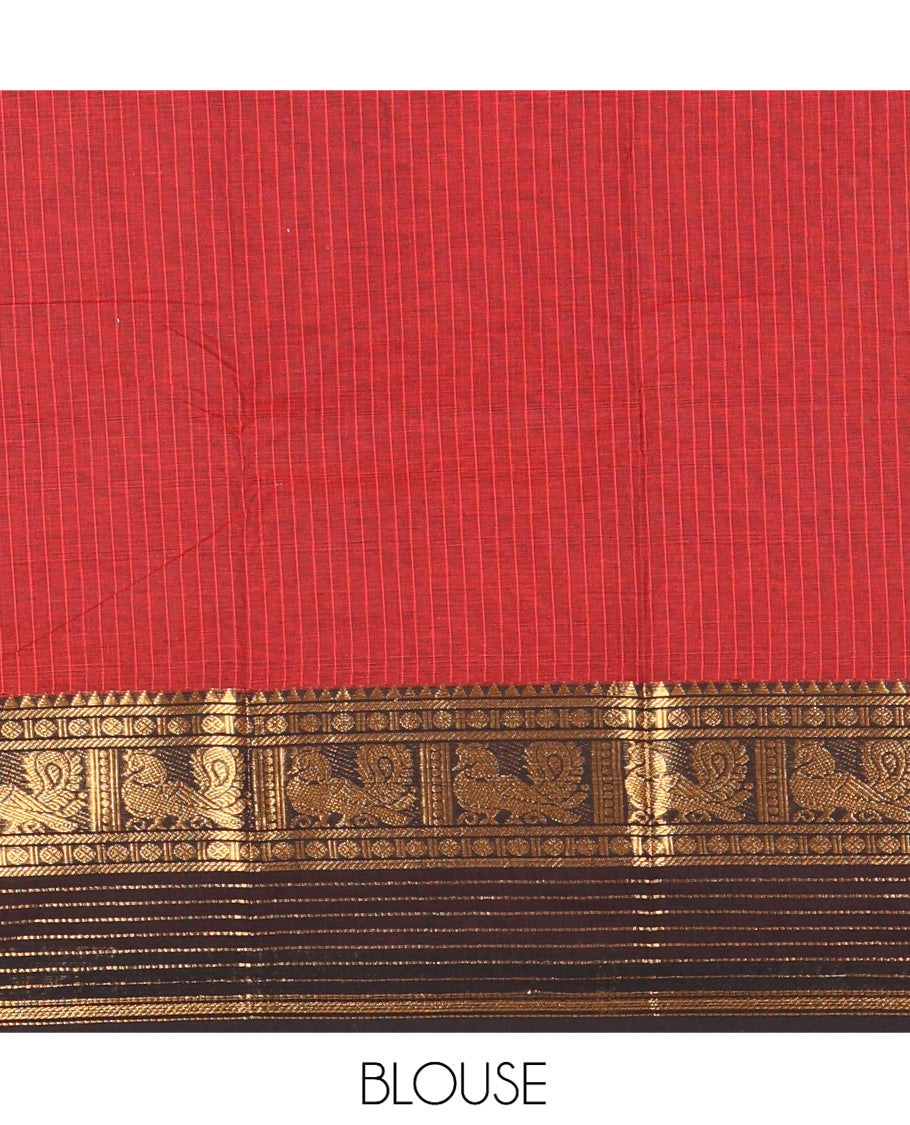 Maroon Striped Chettinad Cotton Saree, Complemented by a Contrast Traditional Temple Border, Striped Pallu, and a Matching Blouse