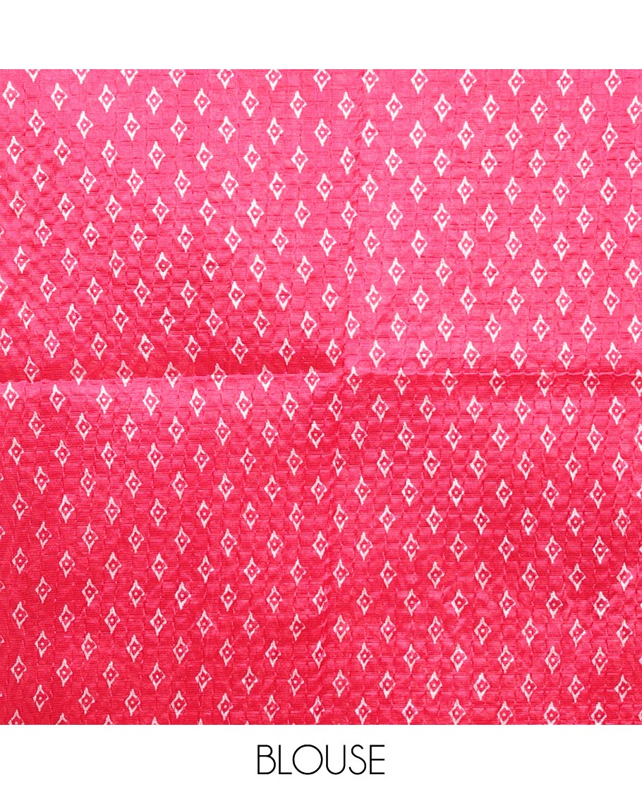Pink mango motifs batik printed litch crushed saree, mango motif border, pallu of mango & geometric print & small butta print blouse