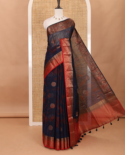 Nevy blue all over zari butta with shibori-style printed jute cotton saree, contrast zari border, zari line weaving pallu & contrast blouse