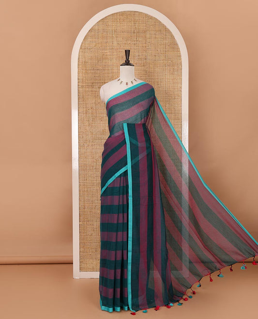 Peacock green horizontal striped khadi cotton saree, contrast piping border & matching horizontal striped blouse