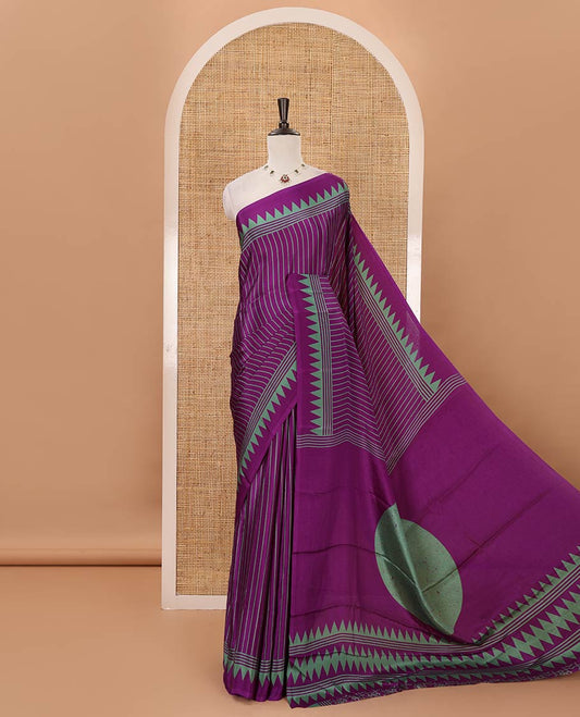 Violet vertical stripes printed Turkey crepe saree, temple printed border, geometric printed pallu & Ajrakh-printed blouse