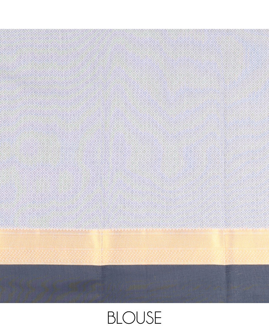 Grey Semi-Silk Cotton Saree, Embellished with Buttas and Stripes All Over Its Body, Complemented by a Contrast Traditional Zari Design Border, Pallu of Jaal Designs, and Paired with a Matching Blouse
