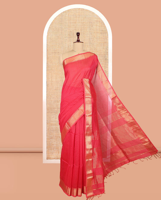 Pink Maheshwari Cotton Saree, Gleamed Up with Zari Checks, a Traditional Zari Border, Zari Striped Pallu, and a Matching Blouse