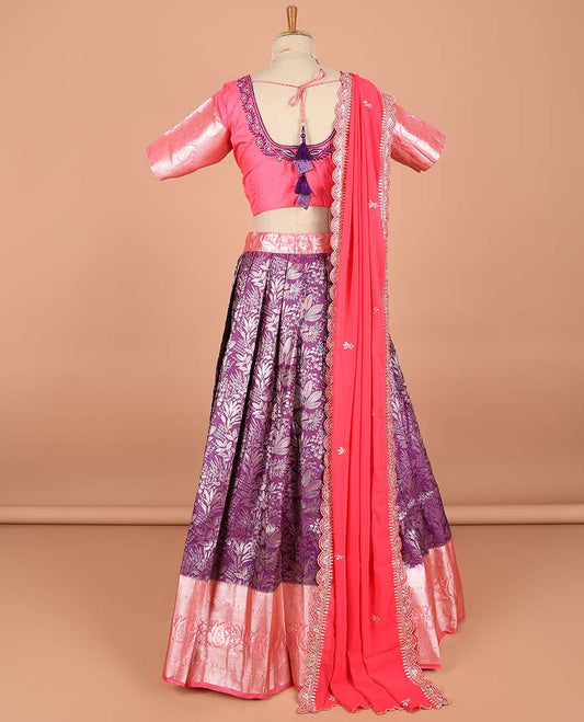 Violet floral jacquard semi-stitched half saree with contrast zari border,  embroidered blouse & scallop border dhavani