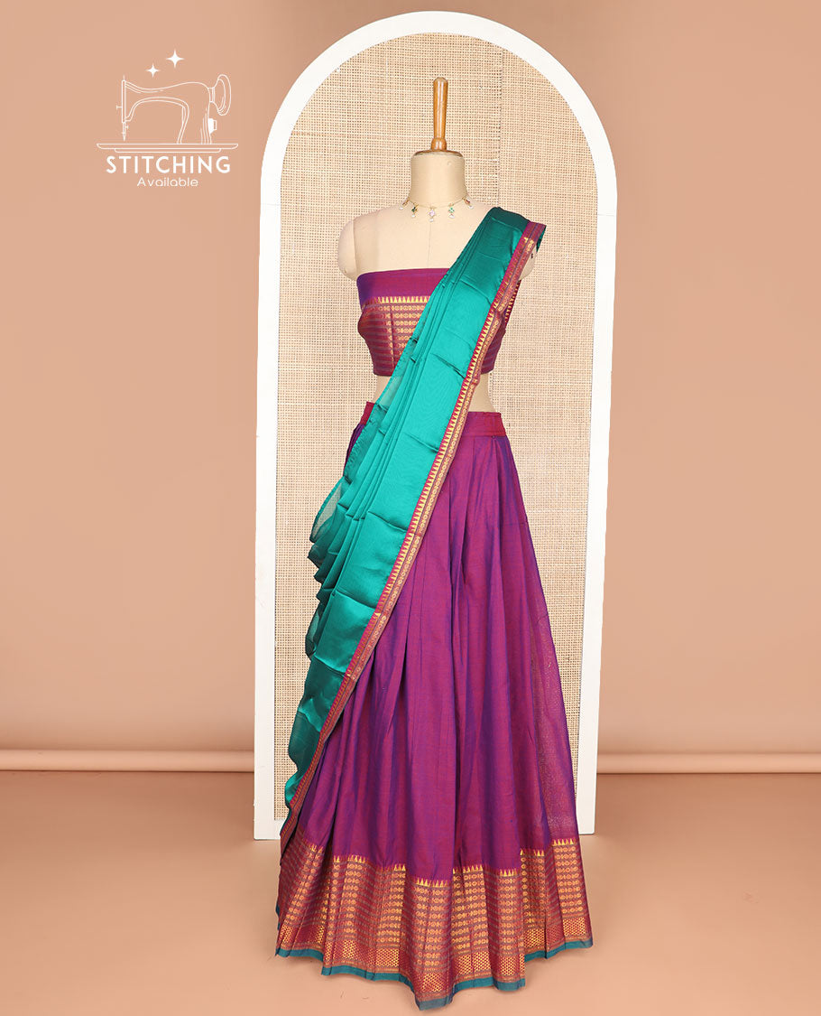 Purple cotton half saree with contrast temple, paun, checked design border, zari design blouse & zari design dhavani