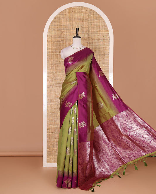 Green-purple floral buttas elite soft silk saree, contrast floral buttas border, and pallu of Mughal-style intricate zari designs