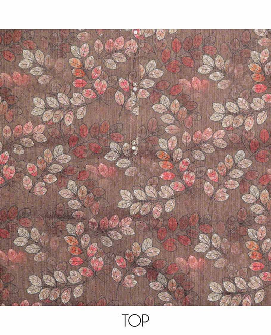 Brown chudidhar material set leaf printed top, contrast plain bottom & sequins embroidery dupatta
