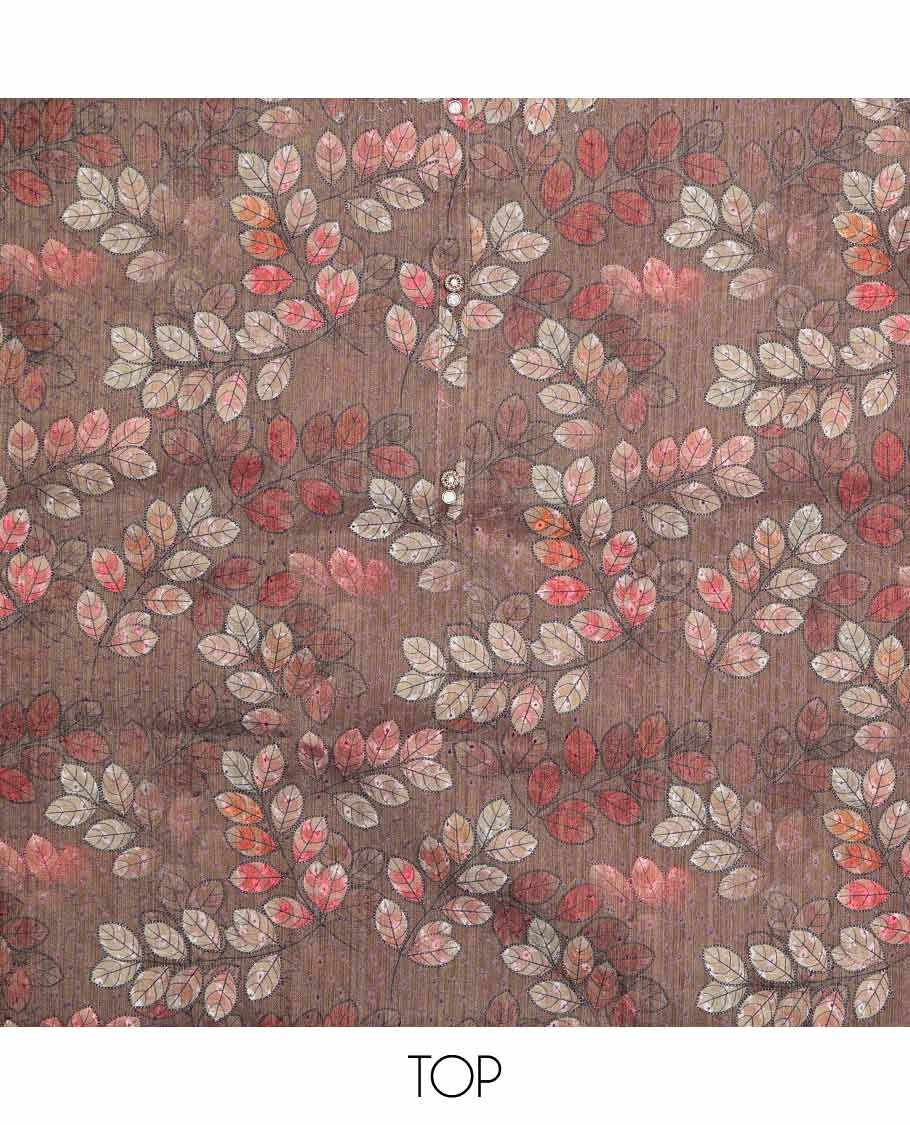 Brown chudidhar material set leaf printed top, contrast plain bottom & sequins embroidery dupatta