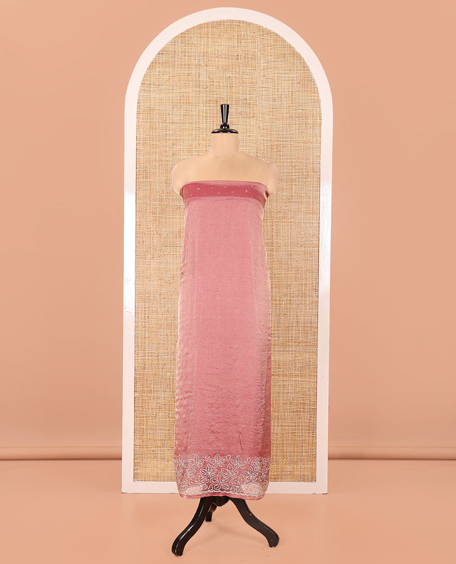 Pink Moss Organza Material Churidar Set, Gleamed Up with Floral Embroidery and Stone Struck on Its Top, a Plain Santoon Bottom, and Paired with a Moss Organza Stone Work Scallop Dupatta