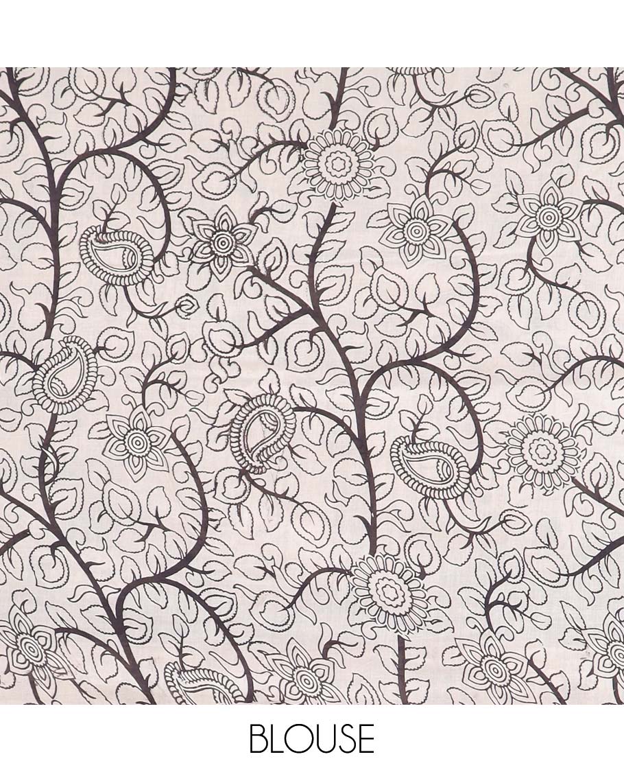 Black floral vine & peacock machine-printed kalamkari cotton saree, self-border & peacock motifs pallu