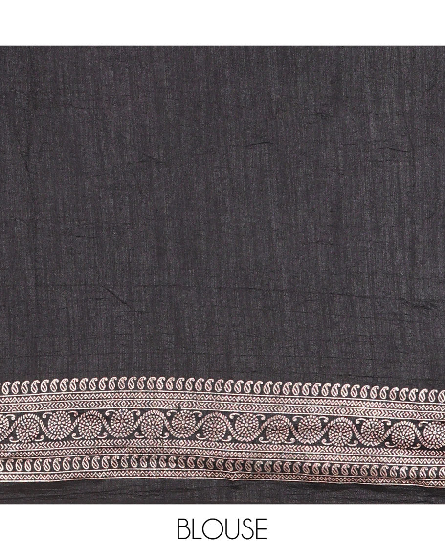 Black Plain Vichitra Silk Saree, Subtle Traditional Motifs Woven Border, Plain Pallu, and Paired with a Matching Blouse