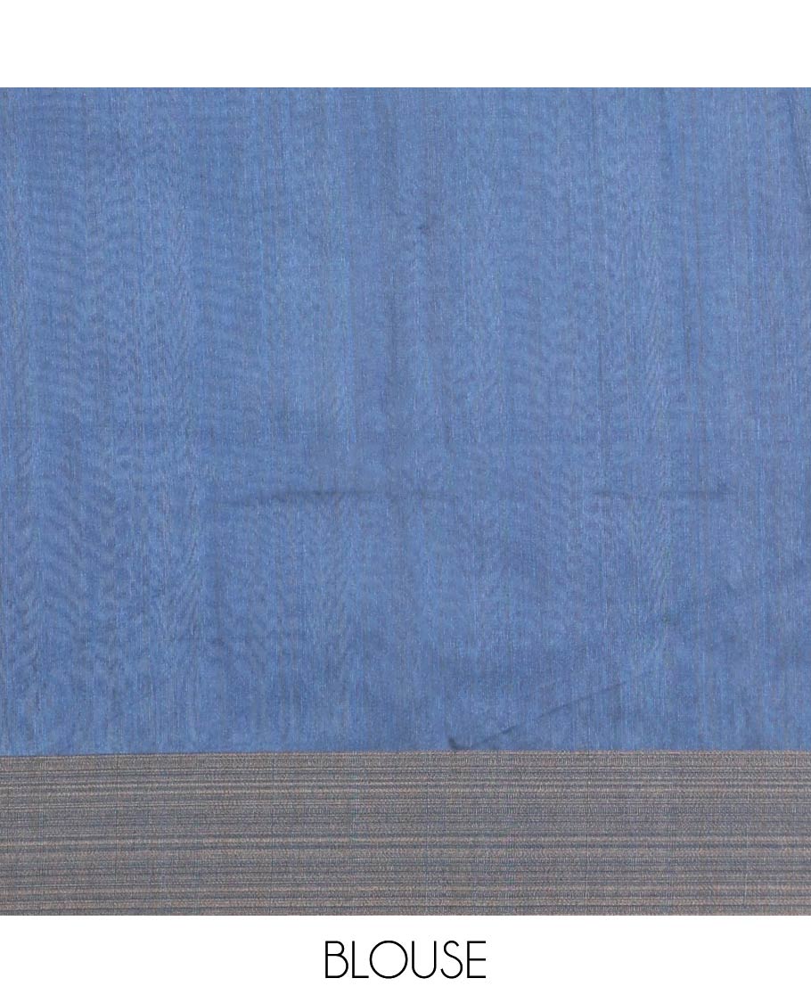 Cream Plain Semi-Jute Tussar Saree, Complemented by a Contrast Green-Blue Ganga-Jamuna Temple Border, Sparsely Striped Pallu, and Paired with a Contrast Blouse