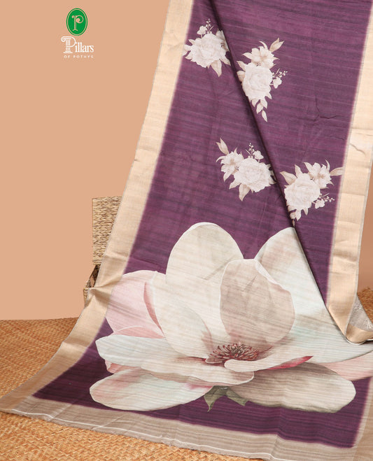 Deep Wine digital floral print semi tussar Saree with  bawanchi zari border & floral printed pallu , contrast printed blouse