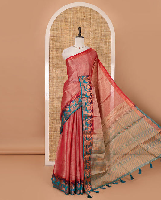 Pink plain tissue saree, contrast floral creeper & diamond patterned zari border, striped pallu & contrast plain blouse
