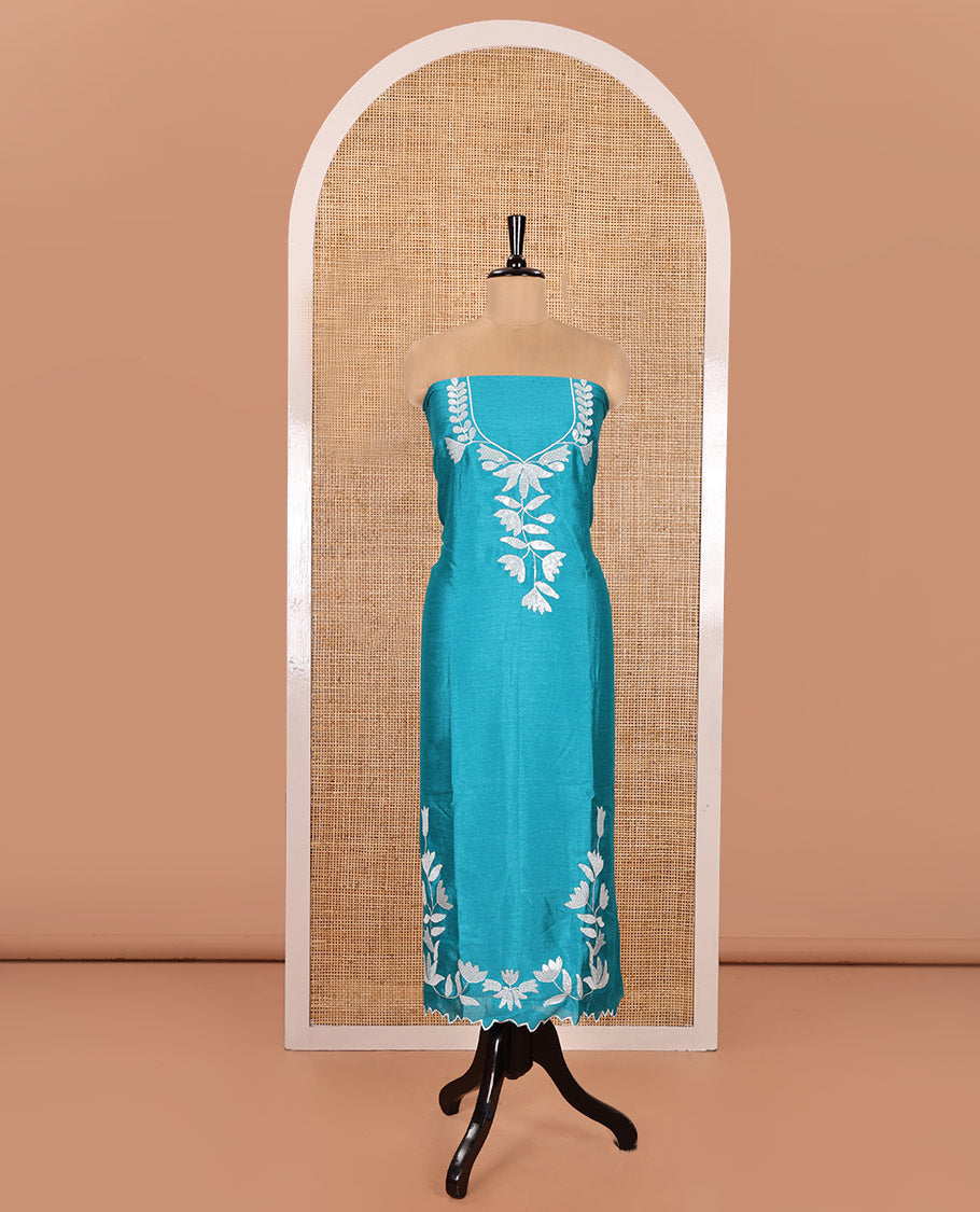 Rama Material Churidar Set, Detailed with Floral Motifs Sequins-Thread Embroidered on Its Vichitra Silk Top, Comes with a Contrast Santoon Bottom, and Paired with a Vichitra Silk Floral Embroidered Scallop Dupatta