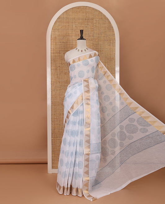 White-blue circular motifs printed mercerised cotton saree, temple zari border, circular motifs printed pallu & matching zari border blouse
