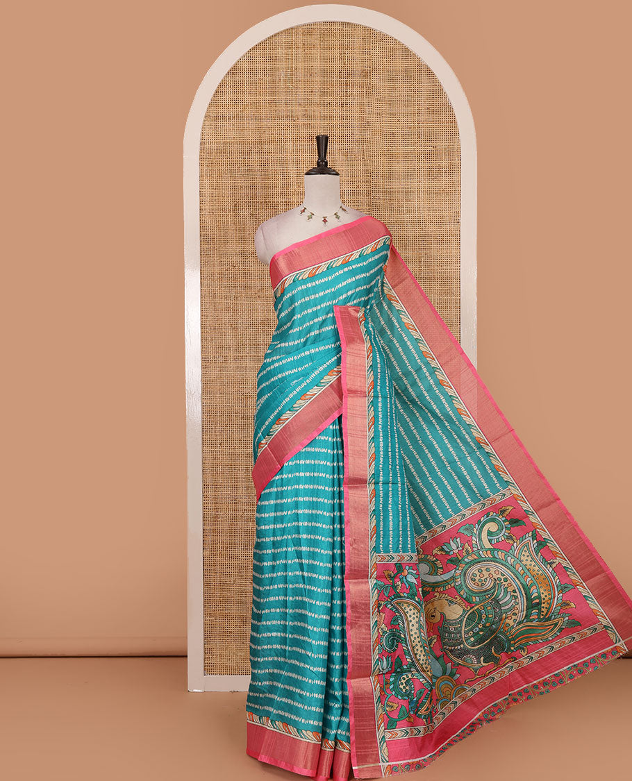 Rama green shibori-style printed soft-tussar saree, contrast zari border, kalamkari peacock printed pallu & kalamkari floral vine print contrast blouse