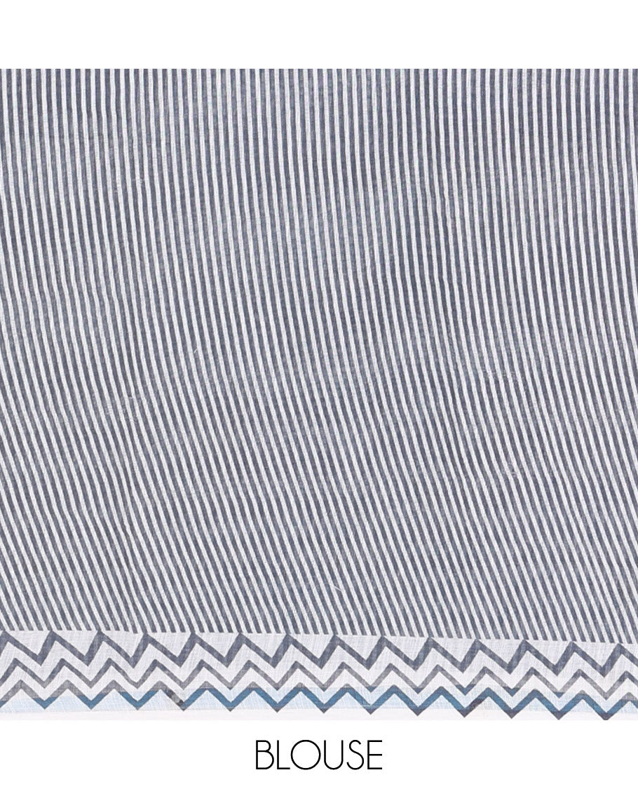 Borderless Blue Linen Cotton Saree, Accentuated with Polka Dot Print, Complemented by Contrast Geometric Printed Pallu, and Paired with a Contrast Blouse