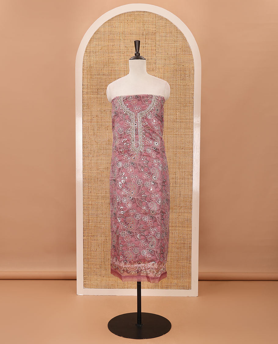 Onion pink material chudidar set, floral printed & outline mixed embroidery organza top,plain bottom & floral vine sequins embroidery dupatta