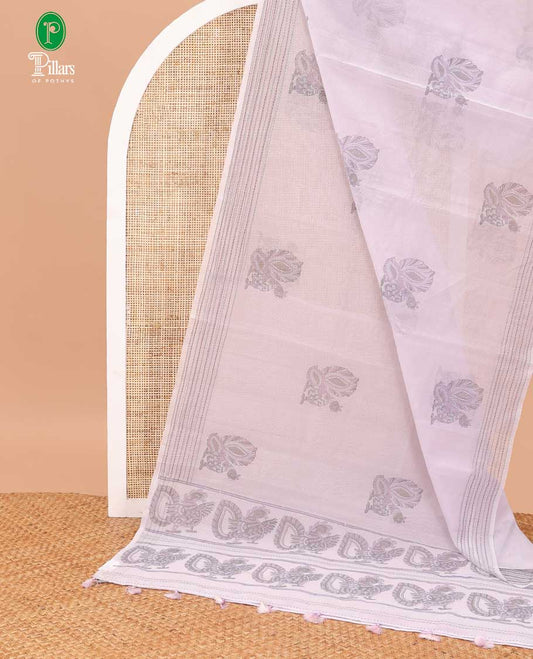 Lavender block print super net saree with kantha border & kantha work, block print pallu along with kantha work blouse