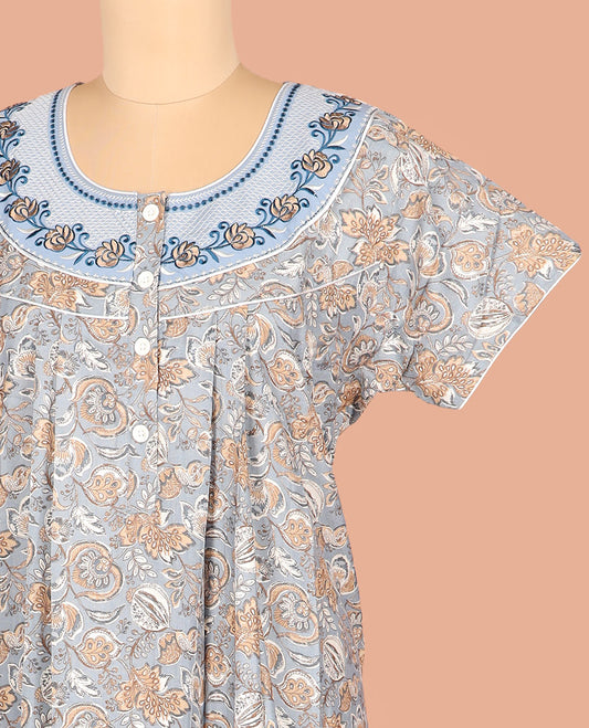 Grey Cotton Nighty Prettified with Floral-Leaf Patterns Print, Featuring Patch Embroidered Neck, Round Front Neck, and Half-Sleeves