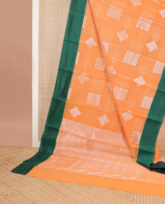 Skin color geometric design semisilk cotton saree with contrast border & geometric design pallu