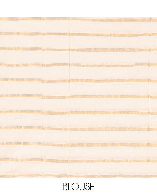 Borderless Cream Kerala Saree, Detailed with Zari Stripes on Its Body, Self-Pallu Mirrors the Same Design, and Paired with a Matching Blouse