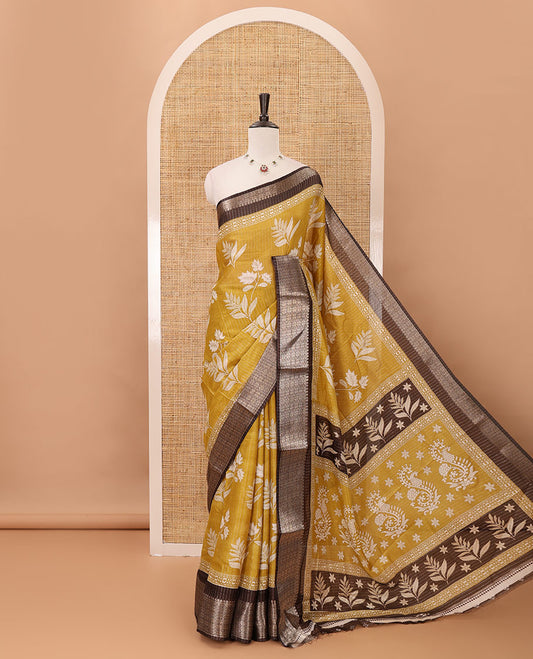 Mustard zari striped & floral printed dola silk saree,contrast zari design border,floral-paisley print pallu, printed-zari-work blouse