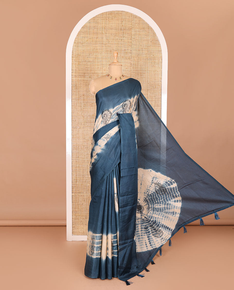 Borderless blue shibori printed with shell motifs, blockprinted Manipur tussar saree, shibori printed pallu, and a plain matching blouse