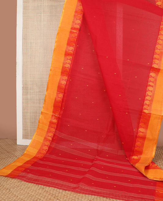 Red motifs bengal cotton saree with contrast paisely design border & striped, floral motifs pallu