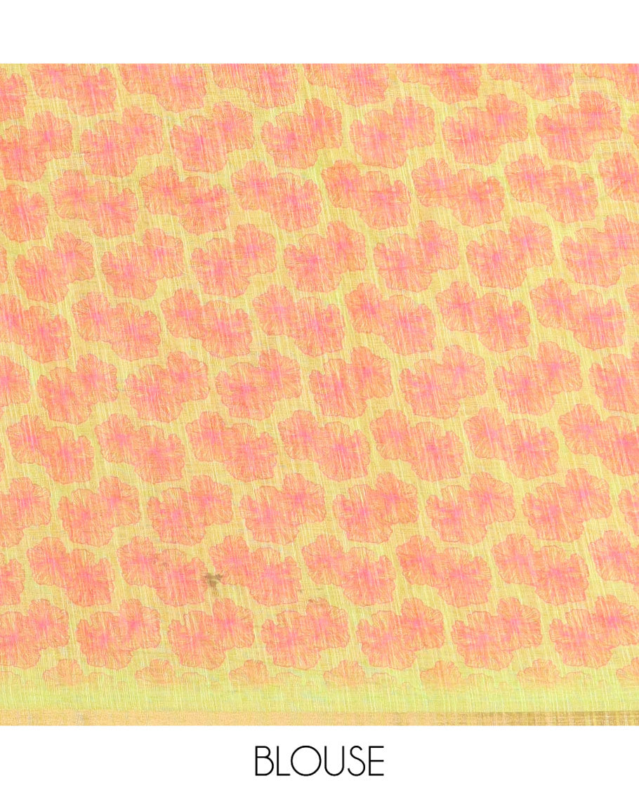 Rani Pink Linen Cotton Saree, Accentuated with Abstract Floral Print On Its Body, Subtle Piping Border, Pallu of Floral and Geometric Print, and Paired with a Contrast Blouse