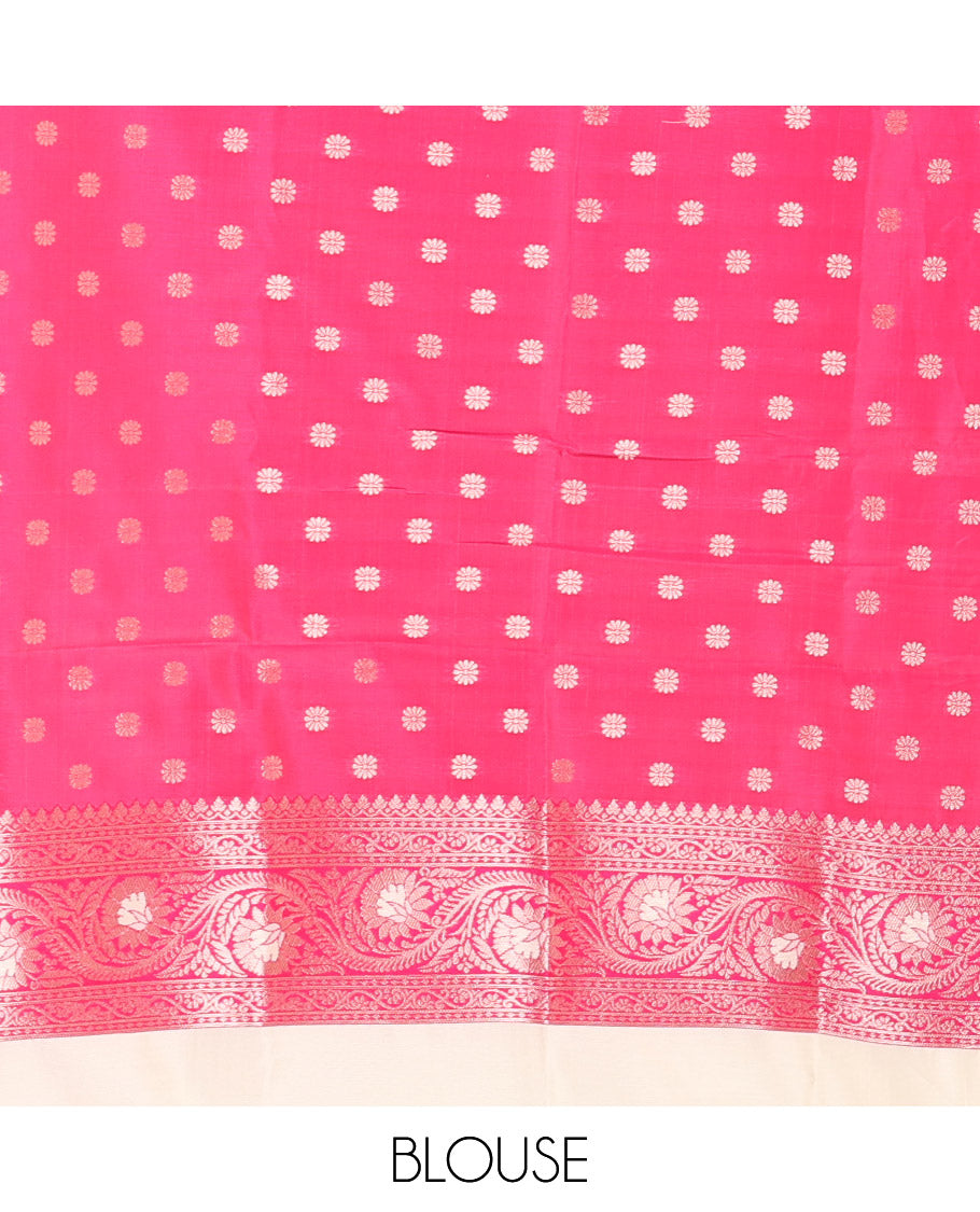 Cream-Rani Pink  Elite Soft Silk Saree, Embellished with Zari Buttas, a Contrast Floral Creeper Border, Intricate Pallu, and a Contrast Blouse