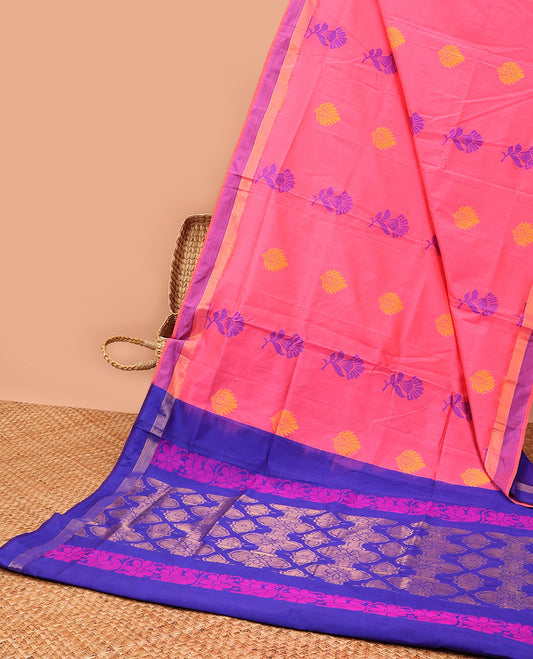 Pink kuppadam cotton saree with floral buttas, contrast plain border & pallu of intricate designs