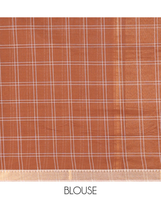 Brown checked design khadi cotton saree, contrast zari border & traditional zari design pallu