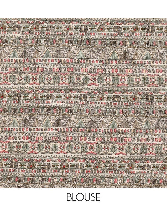 Cream plain design Kota checks saree with lace border & a separate Madhubani hand painting-style floral & geometric motifs printed blouse