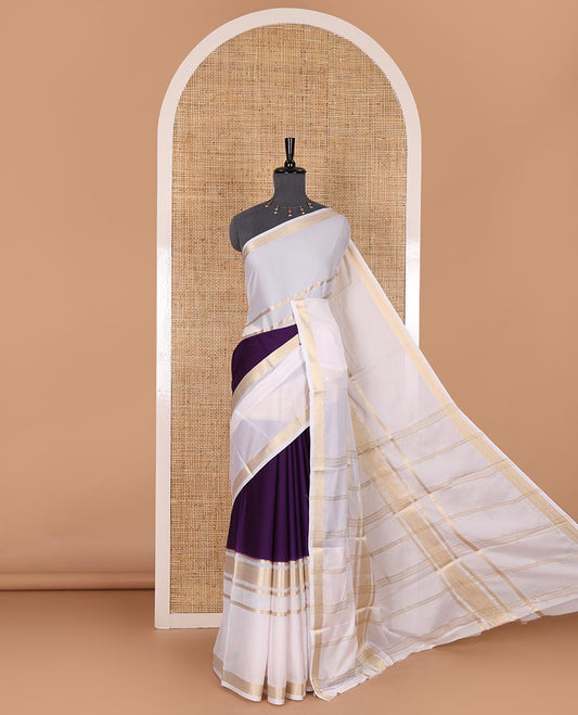 Dark violet plain Art Mysore silk saree, contrast traditional zari big border, zari striped pallu, and a matching zari design blouse