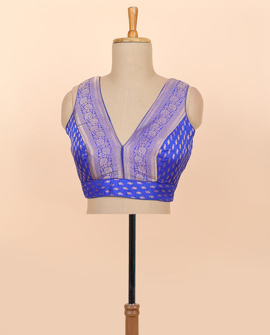 Blue intricate floral zari design front & back deep v-neck raw-silk readymade sleeveless blouse