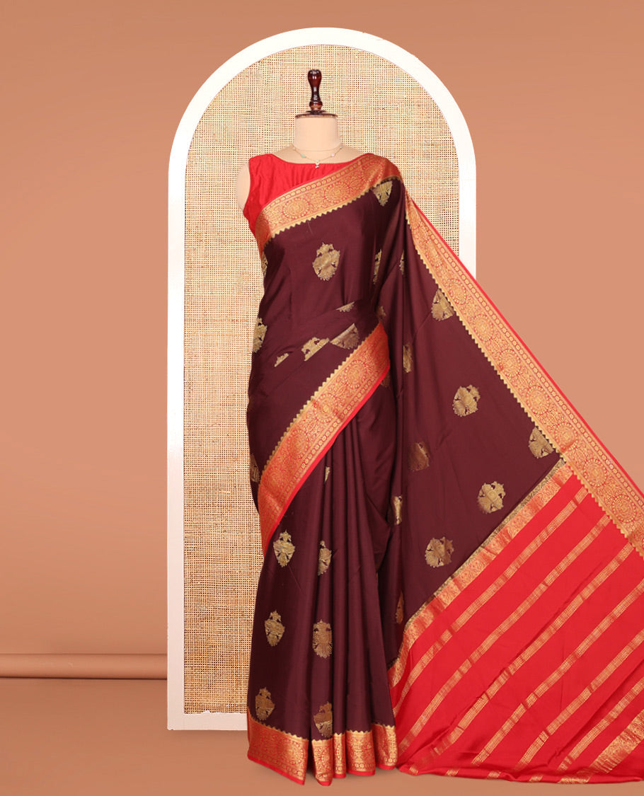 Brown Mysore Silk Saree, Beautified with Geometric Zari Designs All Over Its Body, Complemented by Captivating Contrast Border of Traditional Zari Designs, Gleaming Zari Striped Pallu, and Paired with a Contrast Blouse
