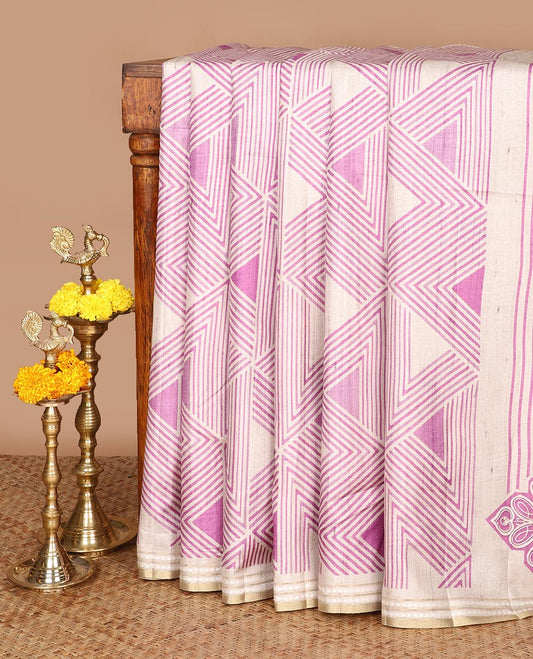 Chikku color with lavender block geometric print fancy tussar silk saree with zari resam border & block print pallu along striped blouse