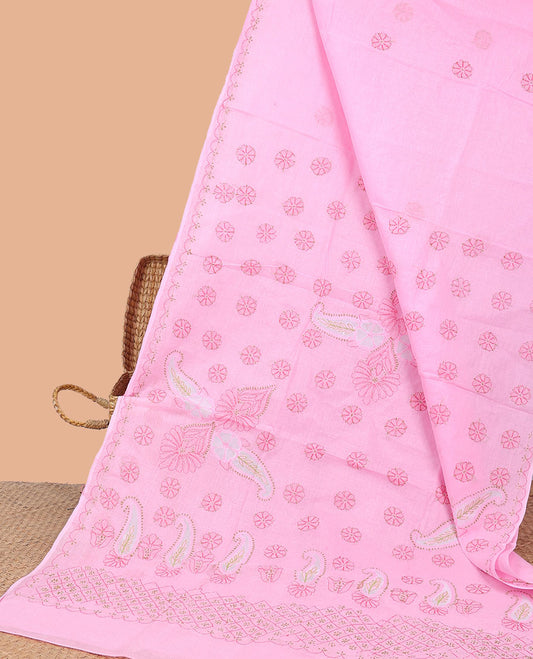 Pink floral embroidery lucknowi chikankari cotton saree,self scallop design border & pallu of floral, paisley embroidery