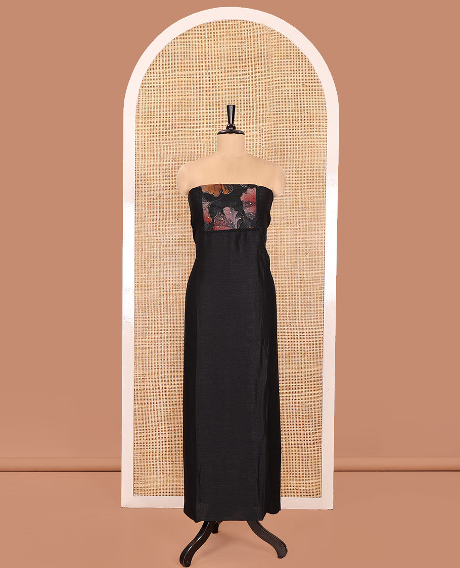Black Material Churidar Set, Spotlighted with Floral Printed Patch Embroidery Vichitra Silk Top, Comes with a Plain Santoon Bottom, and a Floral Printed Shimmer Georgette Dupatta