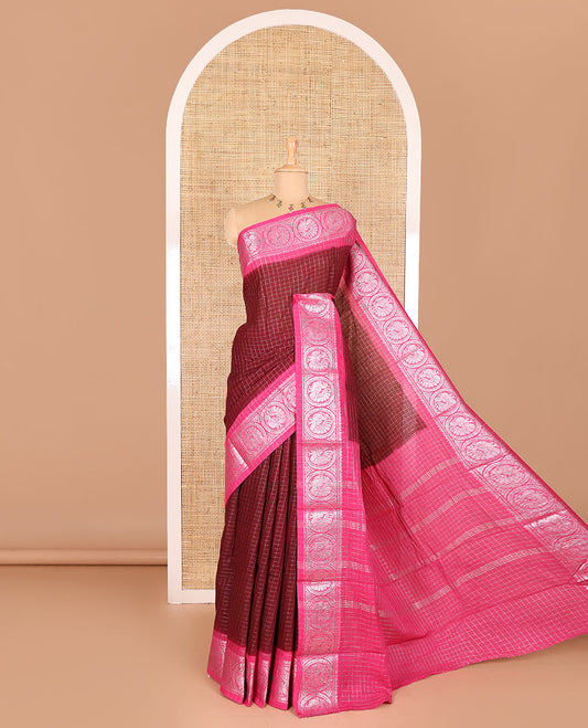 Maroon and pink checked sungudi cotton saree, contrast silver zari round peacock border, striped pallu, and a contrast checked blouse